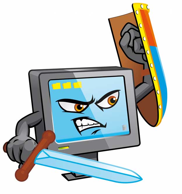 Computer with a sword and shield illustrating the protection provided by antivirus software.